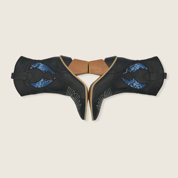 Black Blue Snakeskin Print Western Cowgirl Point Stacked Block Heel Mid Boot 38 - Picture 5 of 14